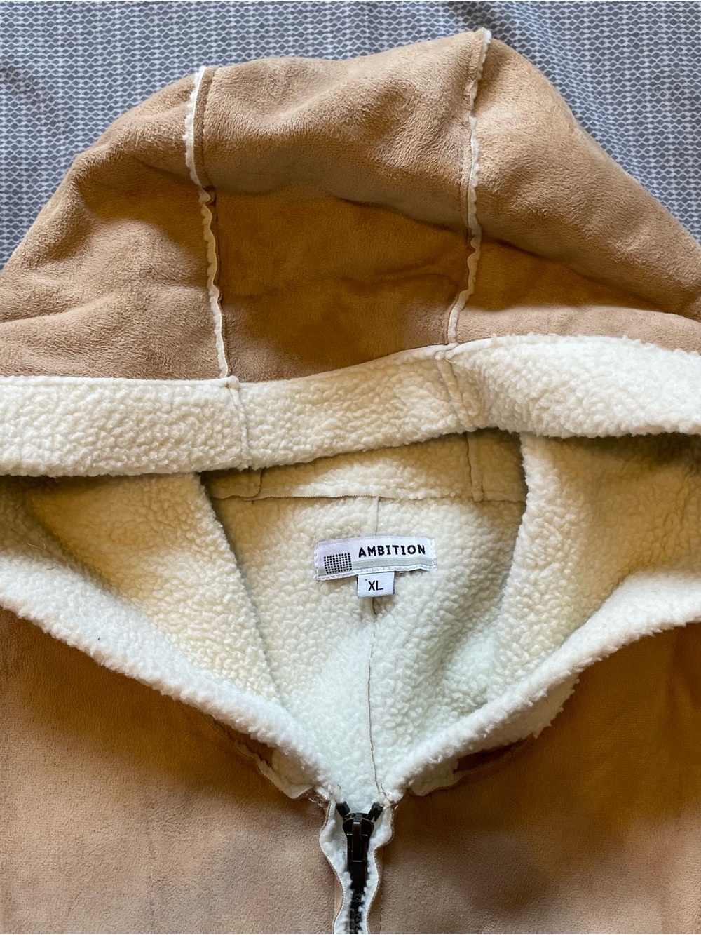 Hooded Sherpa-Lined Jacket in Tan and Cream